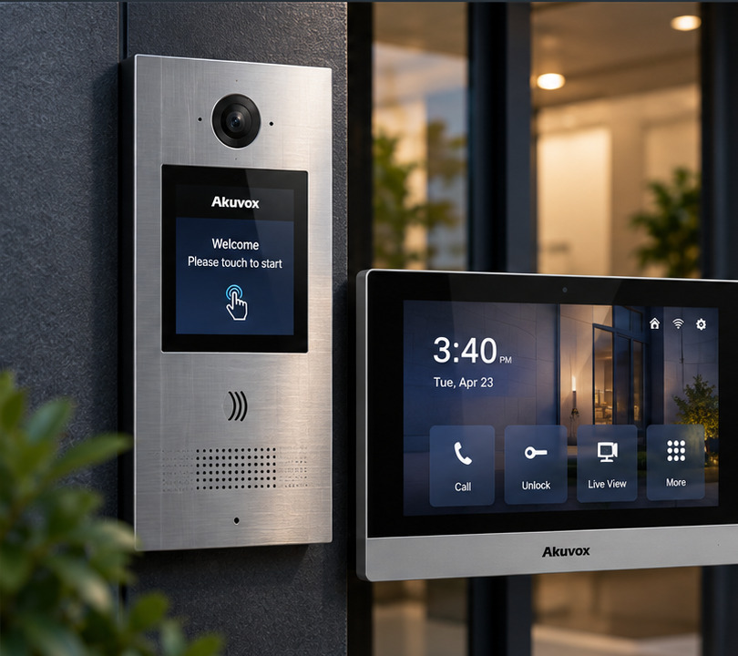 Contemporary video entry intercom and interior touchscreen shown at a building entrance