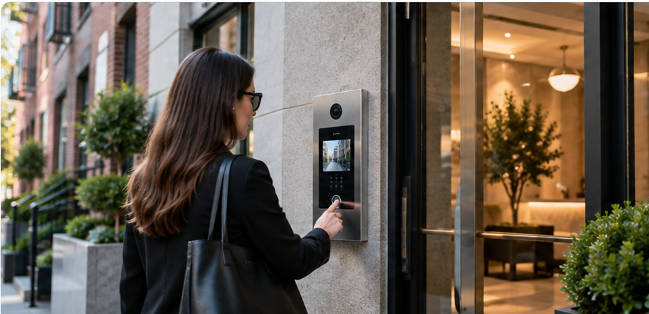Visitor using a video intercom at a modern residential entrance